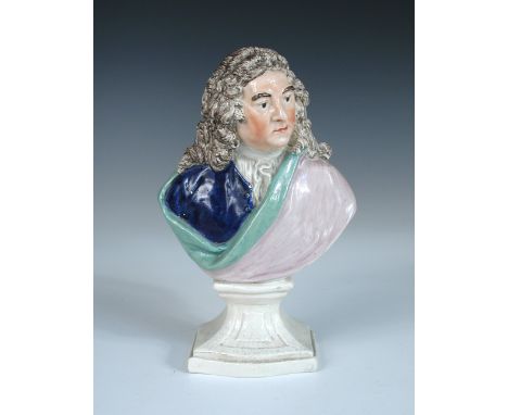 A 'Ralph Wood' pearlware bust of Handel, the composer wears a long grey wig and looks over his right, his turquoise lined pur