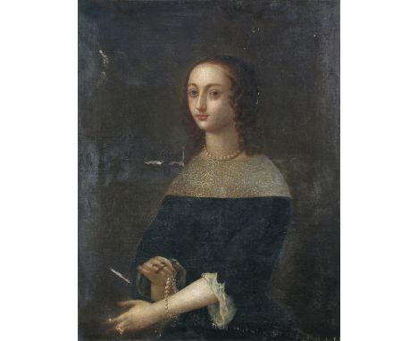 Follower of Cornelius Johnson (circa 1635-1640) Portrait of Martha Pennington (Mrs William Mitchell Sale), in a lace-trimmed 