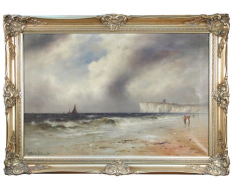 Gustave de Breanski (British, 1859–1899) Figures on a beach with sailing ships and cliffs beyond signed lower left "Gustave d