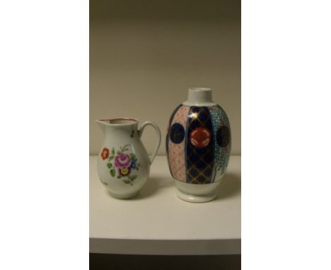 A Worcester tea caddy and a sparrow beak jug, the ovoid sides of the former painted in the Imari palette with the 'Old Mosaic