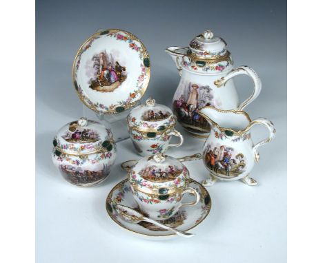 An outside decorated Meissen coffee service, each piece painted with vignettes of hawkers and other hunters within flowers, g