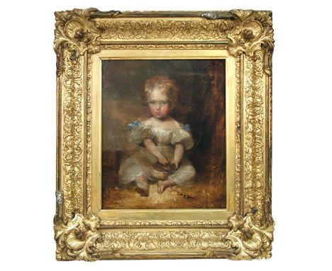 Follower of John Constable (British, 1776-1837) Portrait of a young boy seated in a landscape, holding a tambourine, a coral 