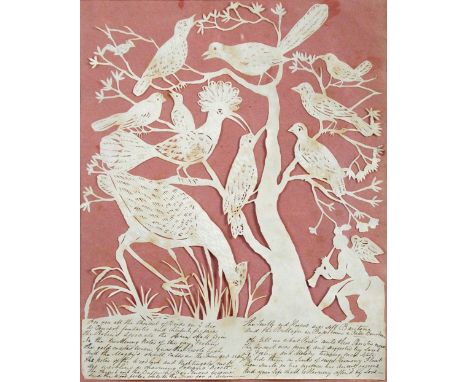 Elizabeth Cobbold (British, 1767-1824) A paper cut out sillhouette of exotic birds on a branch with an angel playing a trumpe