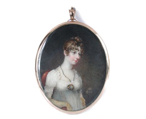 English School  (early 19th Century) A portrait miniature of a seated Lady turned three quarters, wearing a white dress and g