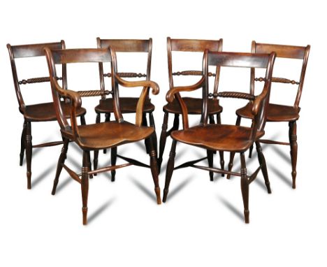 A set of ten early 19th century fruitwood bar back country dining chairs, with elm seats and rope twist backs, including two 