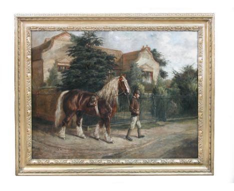 Benjamin Cam Norton (British, 1835-1900) The travelling stallion with his horseman at Rampton Manor, Cambridgeshire signed an