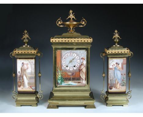 A French porcelain and ormolu mounted clock garniture, 19th century, printed with Romanesque maidens in the manner of Alma Ta