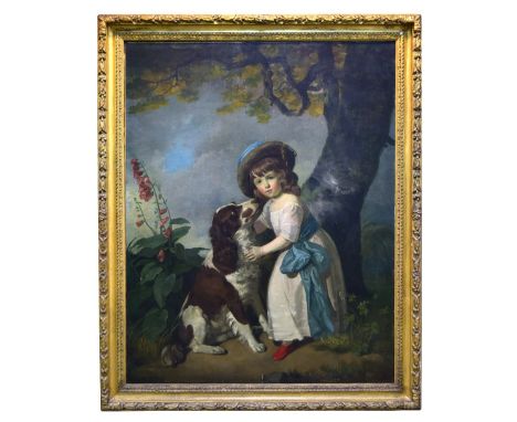 Attributed to Richard Brompton (British, 1734-1782) A small child with a liver and white spaniel in a landscape oil on canvas