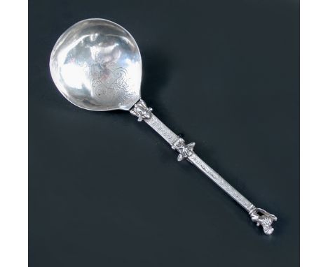 A 17th century Dutch metamorphic travelling spoon/fork, Dutch mark on bowl indistinct, later (19th C) local tax marks to bowl