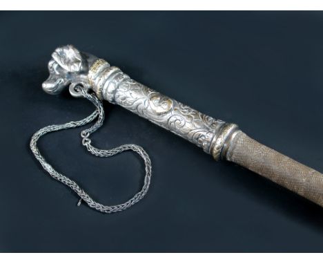 A heavy Victorian riding crop,  maker Risso, the handle modelled as a hound's head with gilt collar over a leaf patterned mou