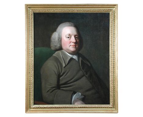 George Romney (British, 1734-1802) Portrait of a gentleman in a green jacket and white stock, head and shoulders oil on canva