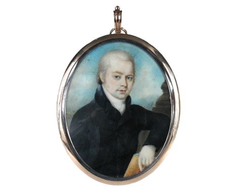 John Bogle (British, c.1746-1803) A portrait miniature of a Gentleman, wearing a white cravat and black jacket, his right arm