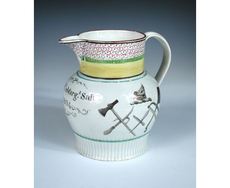 Richard Margaret Salt 1804', a pearlware jug painted with butcher's tools below a hog's head crest on one side and printed wi