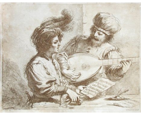 Francesco Bartolozzi, (Italian, 1727-1815) after Guercino  A man playing the lute whilst a singer sings engraving; together w