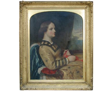 Circle of Sir John Everett Millais (British, 1829-1896) Portrait of a lady, in a gold and black dress, seated, half length oi