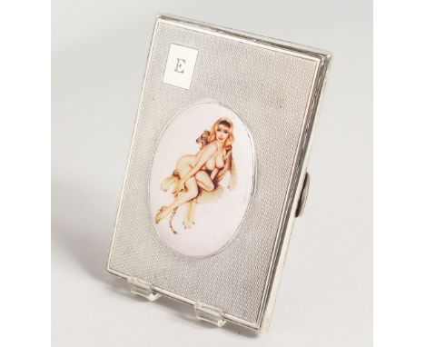 A GOOD ENGINE TURNED SILVER CIGARETTE CASE, the lid with an enamel of a classical nude. Birmingham 1944.