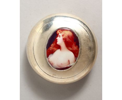A GOOD CIRCULAR SNUFF-TOBACCO BOX, the lid with an enamel of a nude. 2.75ins diameter.  Birmingham 1911.  Mappin &amp; Webb.