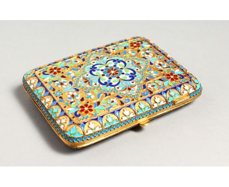 A SILVER AND CHAMPLEVE ENAMEL CIGARETTE CASE. 4.5ins x 3.25ins.