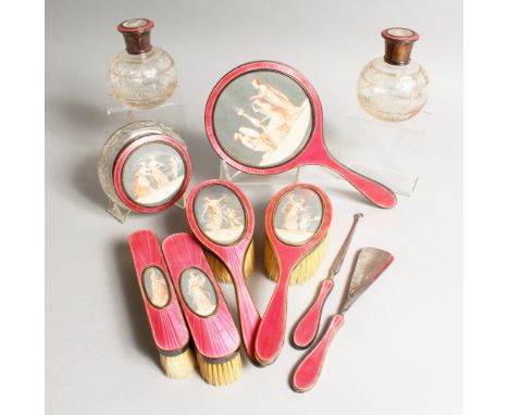 A VERY GOOD SILVER AND ENAMEL TEN PIECE DRESSING TABLE SET, each piece decorated with pink ground guilloche enamel and inlaid