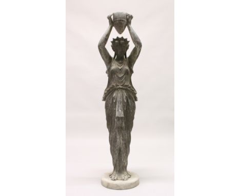 A 20TH CENTURY CAST SPELTER FIGURE OF A CLASSICAL LADY, holding aloft an urn, on a circular base (parts lacking). 41ins high.