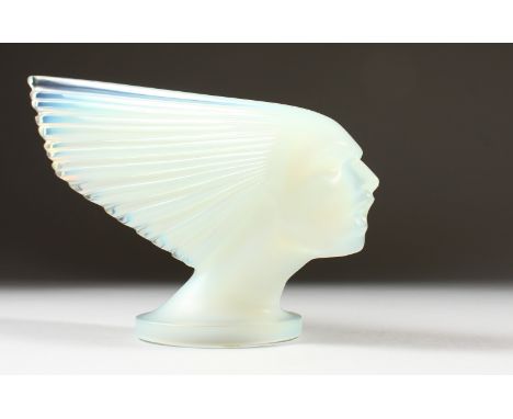 A SUPERB LALIQUE OPAQUE GLASS CAR MASCOT "VICTOIRE", also known as SPIRIT OF THE WIND. Etched Lalique R., France.  10ins long