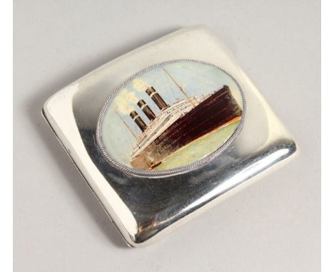 A PLAIN SILVER CIGARETTE CASE, Birmingham 1913, the lid with an enamel of a ship.