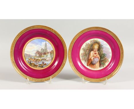 A PAIR OF PLATES, "Vue de la Ville de Strasbourg", and portrait of a girl (2). 8.5ins diameter. Provenance: Owen Collection.
