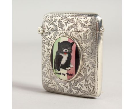 A VICTORIAN ENGRAVED SILVER VESTA, with enamel "I Want My Vote". Birmingham 1882.
