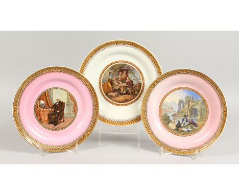 THREE VARIOUS PLATES, Picnic, Game of Draughts and Portrait. 8.25ins diameter.