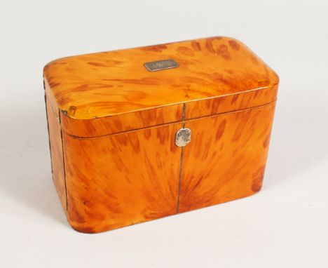 A GOOD GEORGE III BLONDE TORTOISESHELL TWIN COMPARTMENT TEA CADDY, with engraved silver plaque. 7ins wide.