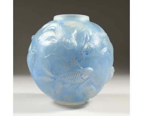 A LALIQUE BLUE TINTED VASE "FORMOSE". Etched R. LALIQUE, FRANCE.  16.5cm.