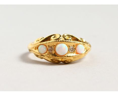 AN 18CT GOLD PLATED, OPAL AND DIAMOND RING.