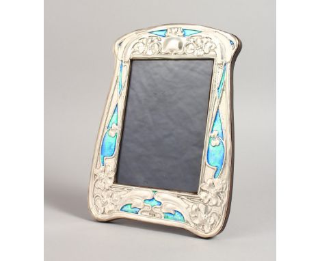 AN ART DECO DESIGN SILVER AND BLUE ENAMEL PHOTOGRAPH FRAME, with poppies. 8ins x 6ins.