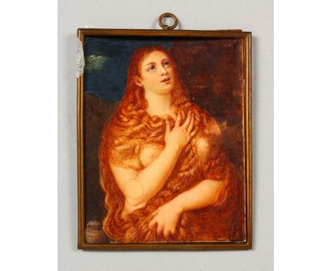A PORTRAIT MINIATURE, penitent woman, in a slender brass frame. 3.75ins x 3ins.