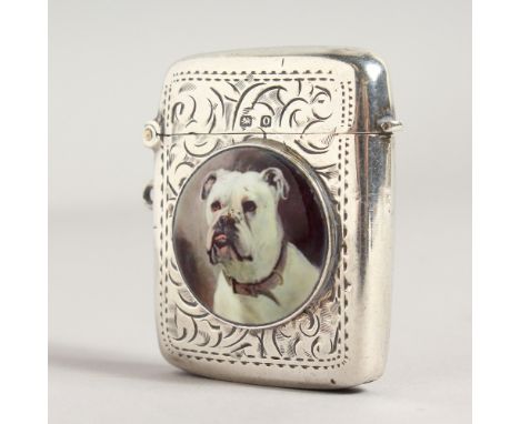 A VICTORIAN ENGRAVED SILVER LIGHTER, with an enamel of a building. Birmingham 1888.
