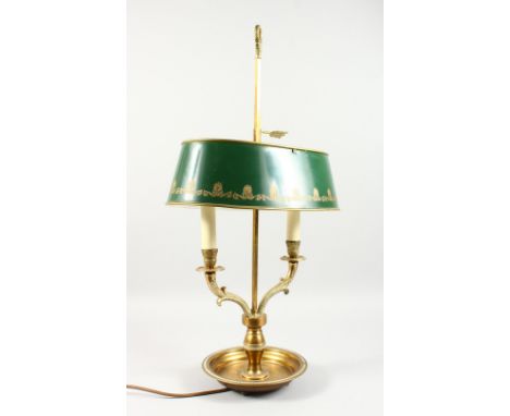 A GOOD STUDENTS TWO-LIGHT LAMP with Toleware shade, on a circular base. 2ft 3ins high.