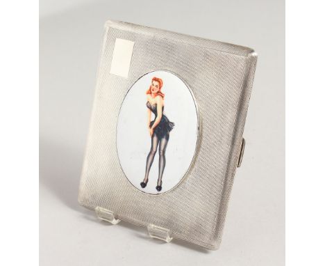 A GOOD ENGINE TURNED SILVER CIGARETTE CASE, the lid with an enamel, semi nude with black stockings. Birmingham 1964.