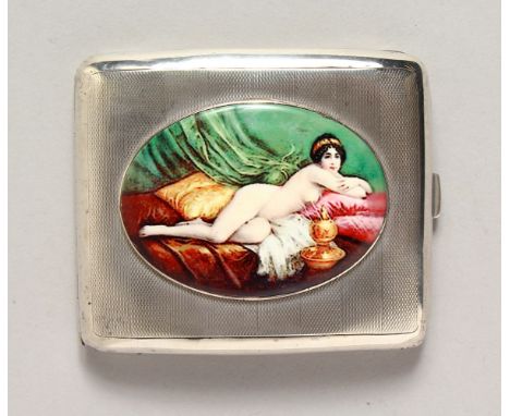 A PLAIN SILVER CIGARETTE CASE, Birmingham 1926, the lid with an enamel of a nude.