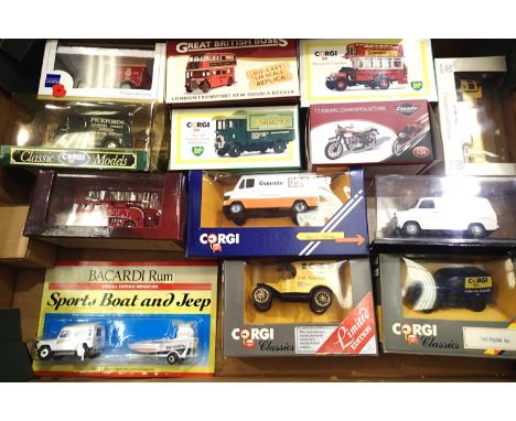 Thirteen boxed diecast vehicles; Corgi, Atlas etc, buses, vans motorcycle, mostly in very good condition. P&amp;P Group 2 (£1