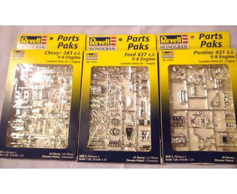 Three Revell 1/25 scale chrome detailed engine kits; Chevy V8, Ford V8, Pontiac V8, as new in packets. P&amp;P Group 1 (£14+V