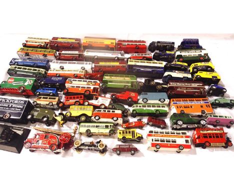 Approximately x50 diecast vehicles; buses, coaches, vans, cars, fire engine etc. Ex display, may have missing parts, some dam