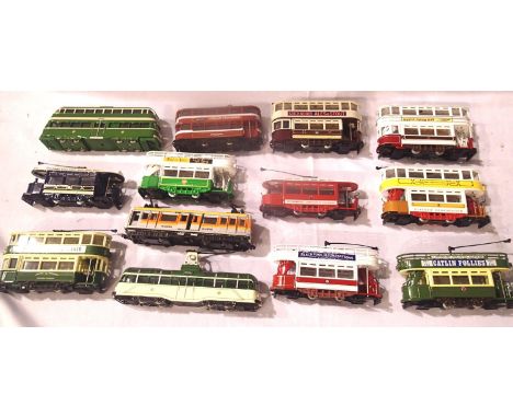 Thirteen unboxed tram cars, mostly Corgi, ex display. May have some missing parts, damages etc. P&amp;P Group 3 (£25+VAT for 