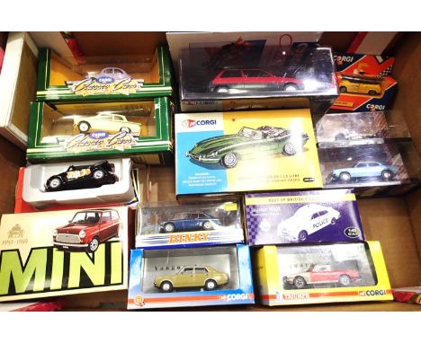 Thirteen boxed diecast cars; Corgi, Atlas, Dinky etc, mostly in very good - excellent condition, and x24 Corgi Collectors mag