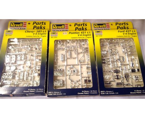 Three Revell 1/125 scale chrome detailed engine kits, Chevy V8, Ford V8, all new in packets. P&amp;P Group 1 (£14+VAT for the