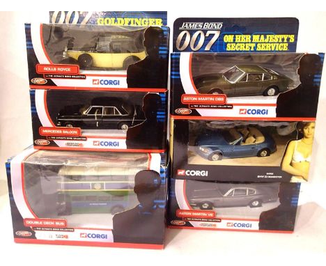 Six Corgi James Bond related vehicles; bus, Mercedes, Aston DBS, Aston V8, Rolls Royce, BMW 23. All in very good - excellent 