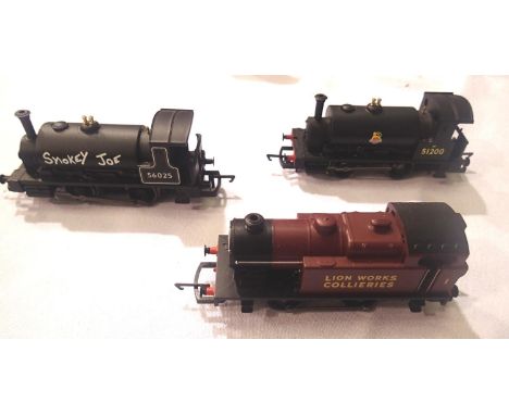 Three Hornby OO scale 0.4.0 tank engines, Lion Works Collieries, Smokey Joe and saddle tank black 51200, Early Crest. P&amp;P