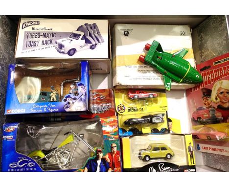 Eight TV related models, Thunderbirds 2 + 4, Fab 1, Batmobile, Captain Scarlet, Mr Bean, American Chopper, Wallace and Gromit