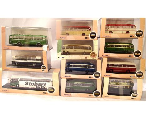 Eleven Oxford diecast buses and coaches, OO scale, mostly in excellent condition, boxes with storage wear. P&amp;P Group 2 (£