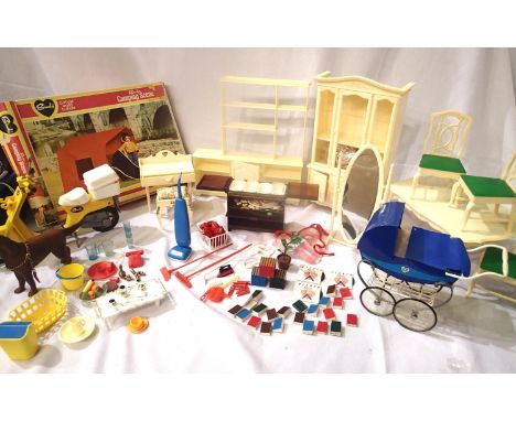 Collection of vintage Sindy furniture and accessories, to include a boxed camping scene (unchecked) pram, scooter, dog, hoste