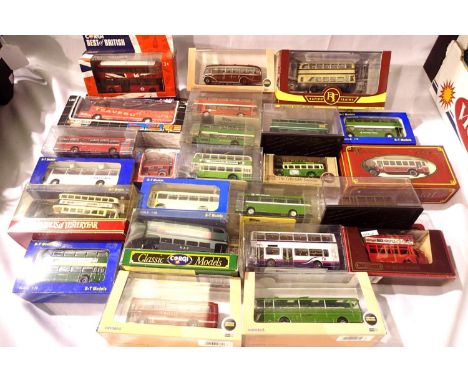 Twenty four assorted buses and coaches, various makes, types and scales. Mostly in excellent condition, wear to storage boxes